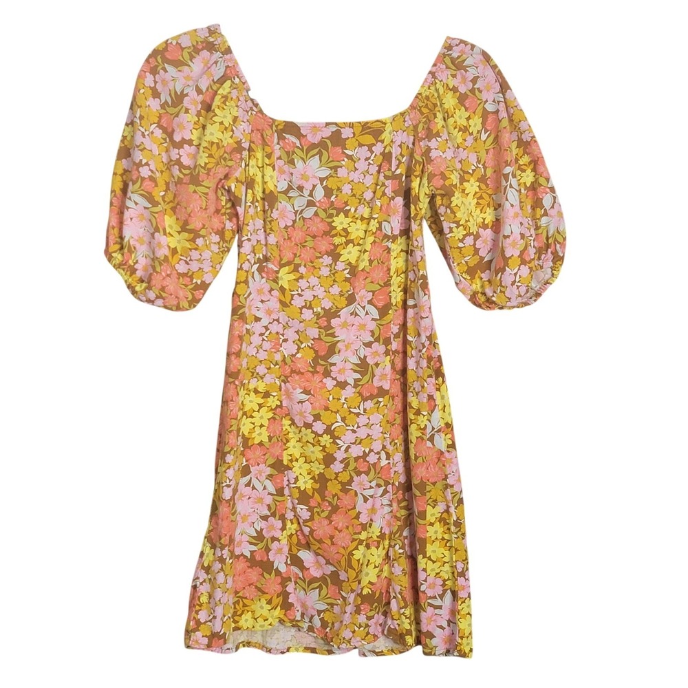 Billabong Paradise Floral Mini Dress S Puff Sleeve Smocked Boho‎ Retro Prairie